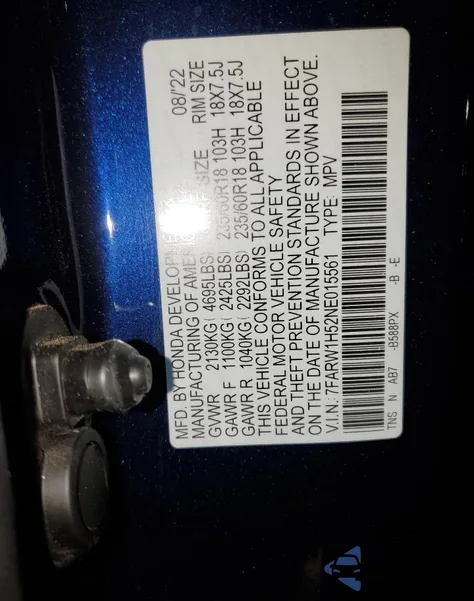 2022 Honda Cr-V Ex из США, поврежденный, VIN 015561